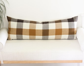14"x36" Brown and Camel Plaid Merino Wool Long Lumbar Pillow Cover (Made to Order)