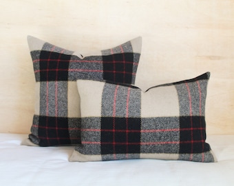 Hillsdale Plaid Wool Pillow Cover, Black and Tan Plaid Wool Pillow Cover (Made to Order)