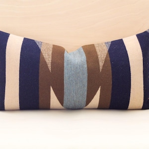 May include: A decorative pillow with a geometric pattern in shades of blue, brown, and white. The pillow is made of a soft, textured fabric.