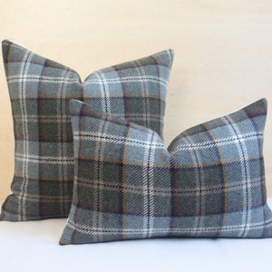 Shale Plaid Pillow Cover, Blue and Gold Plaid Wool Pillow Cover (Made to Order)