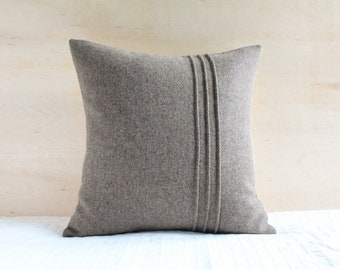 Tan Wool Pillow Cover with Stitching Detail, Light Brown Square Pillow by True Having (Made to Order)