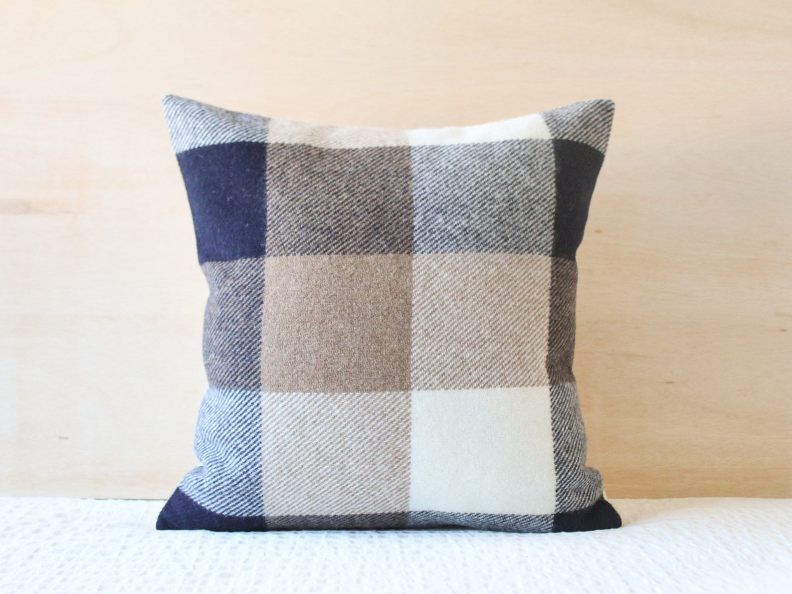 Navy and Tan Plaid Wool Pillow Cover, Navy Buffalo Check Pillow Cover