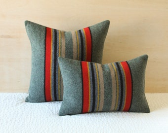 Yakima Camp Blanket Wool Pillow Cover in Green Heather, Camp Stripe Pillow Cover (Made to Order)