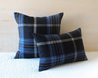 Summit Lake Plaid Pillow Cover, Blue and Black Plaid Wool Pillow Cover (Made to Order)