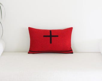 10x16 Wool Pillow Cover in Earth Pattern, Red and Black Cross Pillow Cover (Ready to Ship)