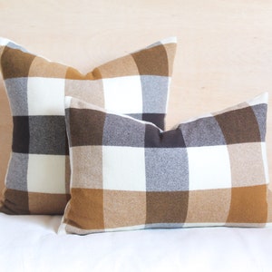 Brown and Camel Plaid Merino Wool Pillow Cover, Brown Buffalo Check Pillow Cover (Made to Order)