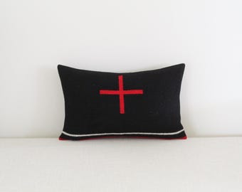 10x16 Wool Pillow Cover in Earth Pattern, Black and Red Cross Pillow Cover (Ready to Ship)