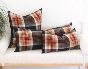 Black and Orange Plaid Wool Pillow Cover (Ready to Ship)