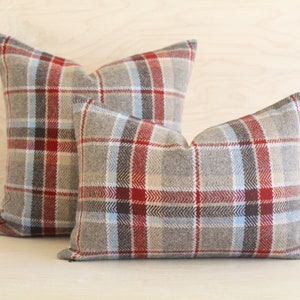 Red Jasper Plaid Wool Pillow Cover, Brown and Red Plaid Pillow Cover (Made to Order)