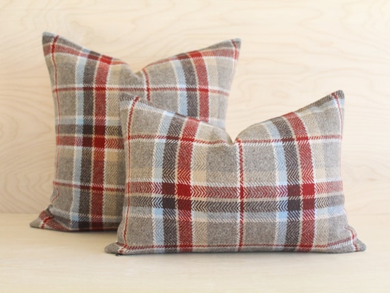 Red Jasper Plaid Wool Pillow Cover, Brown and Red Plaid Pillow Cover (Made to Order)