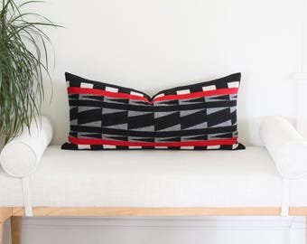 14x30 Wool Pillow Cover in Earth Pattern, Black and Red Geometric Pillow Cover (Ready to Ship)