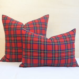 Red Tartan Plaid Pillow Cover, Royal Stewart Tartan Wool Pillow Cover, Christmas Decor (Ready to Ship)