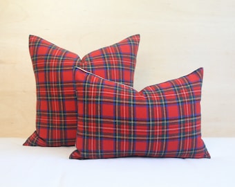 Red Tartan Plaid Pillow Cover, Royal Stewart Tartan Wool Pillow Cover, Christmas Decor (Ready to Ship)