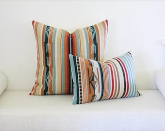 Chimayo Wool Pillow Cover in Coral and Aqua Stripe