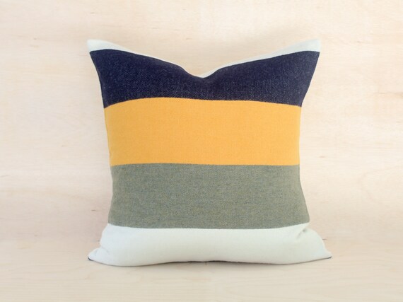 20x20 Navy Yellow Olive Cream Striped Wool Pillow Cover Etsy
