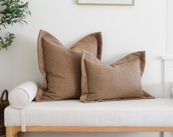 Tan Wool Pillow Cover with Flange Border (Made to Order)