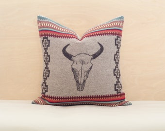 18x18 American West Wool Pillow Cover, Bison Skull Southwestern Pillow Cover (Ready to Ship)