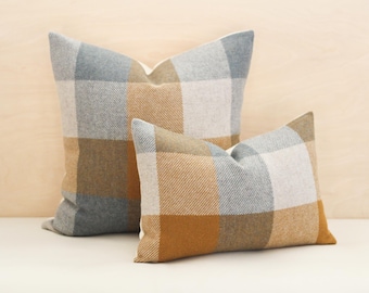 Shale and Copper Plaid Wool Pillow Cover, Camel Brown and Slate Blue Buffalo Check Pillow Cover (Made to Order)