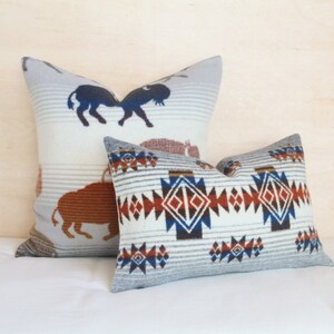 May include: Two decorative cushions. One cushion features a bison design in navy and rust colours on a cream background. The other cushion has a geometric pattern in navy, rust, and white on a grey background. Both cushions have a striped pattern.