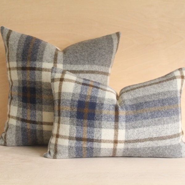 Raleigh Plaid Pillow Cover, Blue and Gray Plaid Wool Pillow Cover (Made to Order)