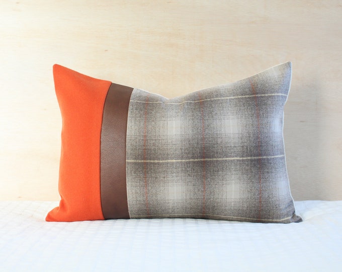 14x20 Orange Plaid Pillow Cover With Brown Leather Midcentury Etsy