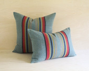 Yakima Camp Stripe Merino Wool Pillow Cover in Green Heather, Pacific Northwest Cabin Pillow Cover (Made to Order)