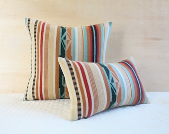 Chimayo Wool Pillow Cover in Coral/Aqua Stripe (Made to Order)