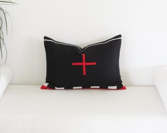 14x20 Wool Pillow Cover in Earth Pattern, Black and Red Cross Pillow Cover (Ready to Ship)