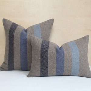RESERVED - Fawn Stripe Wool Pillow Cover, Tan and Blue Striped Pillow Cover (Made to Order)
