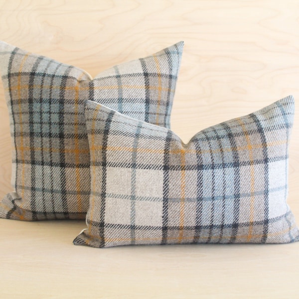 Misty Ridge Plaid Wool Pillow Cover, Blue and Orange Pillow Cover (Made to Order)