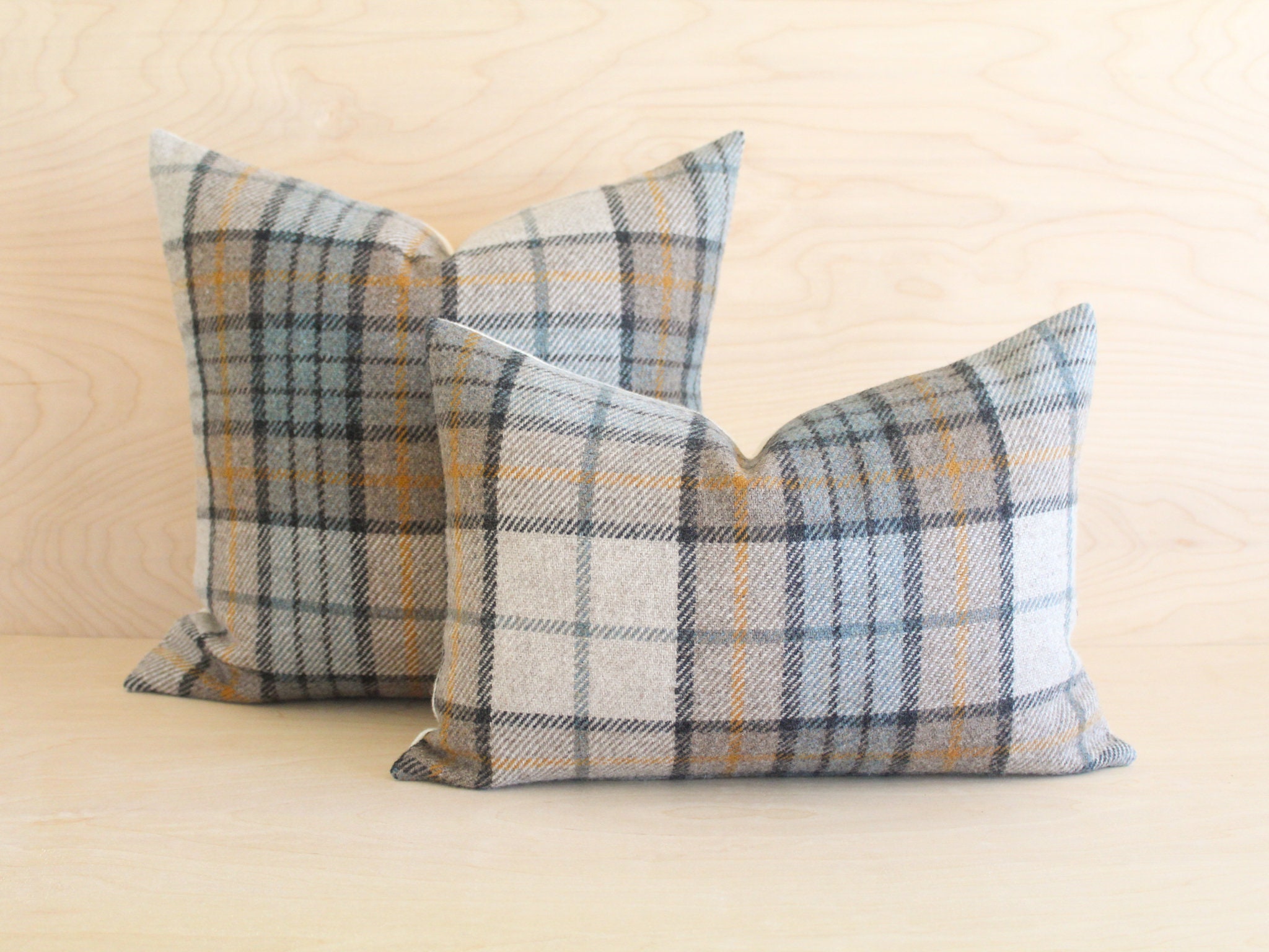 Misty Ridge Plaid Wool Pillow Cover, Blue and Orange Pillow Cover (Made to Order)
