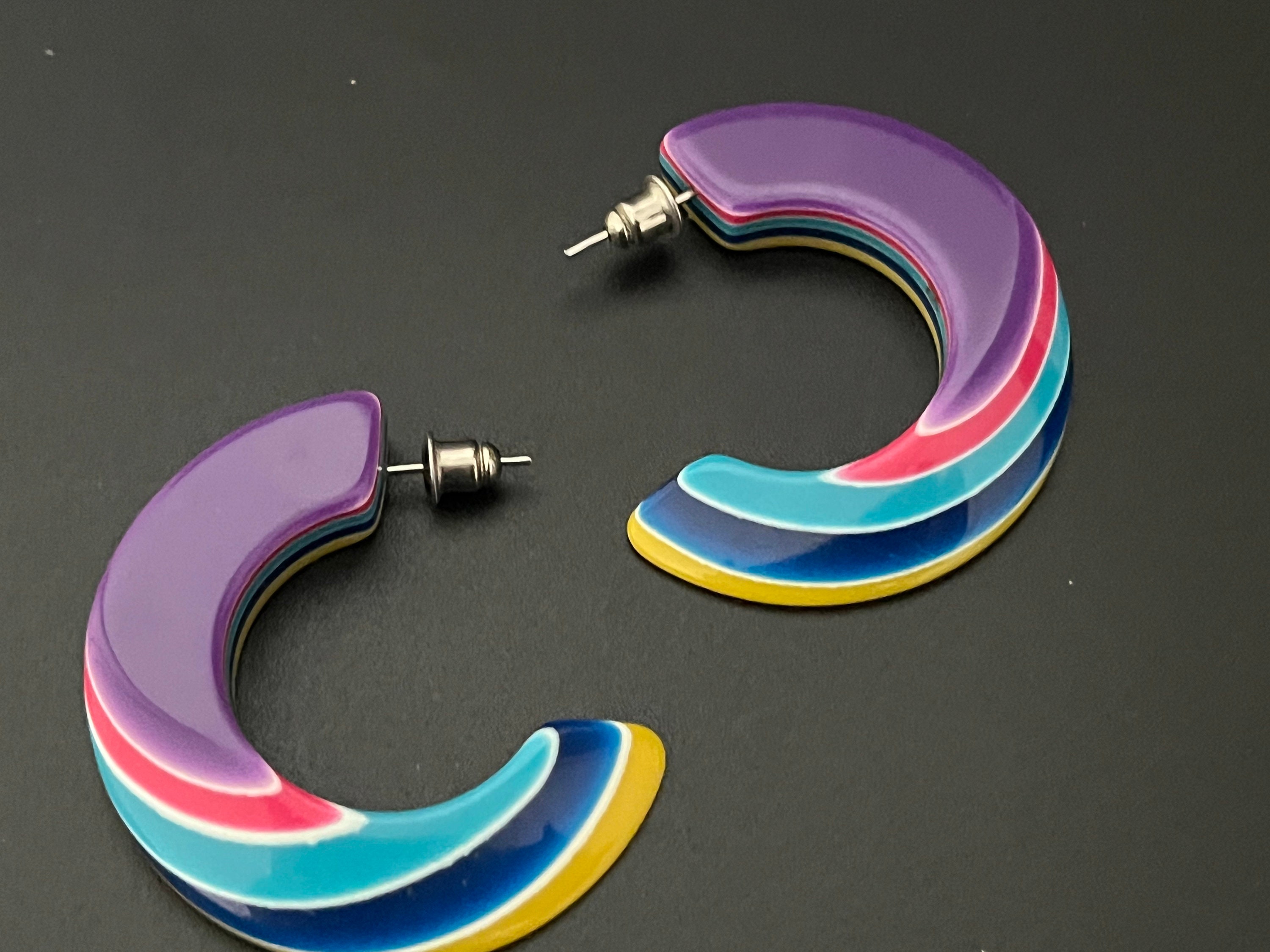 Vintage French Lea Stein Layered Multi Color Earrings 70s