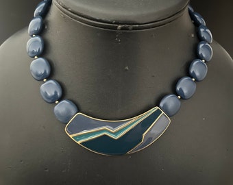 Vintage Trifari Navy Blue Enamel Necklace Signed