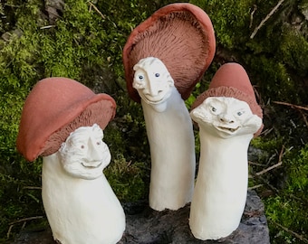 Mushroom People Figurines On Tree Bark  OOAK Hand Sculpted Clay Art "Shroomies"
