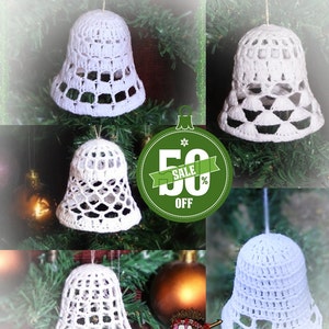 May include: Five white crocheted bell ornaments hanging on a Christmas tree. The bells are made with a delicate openwork pattern. A green circle with the text "50% SALE OFF" is in the center of the image.