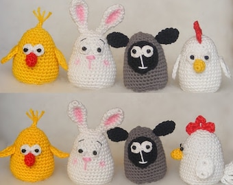 Amigurumi - Crochet Easter decorations PDF pattern, Amigurumi hen, chick, bunny lamb