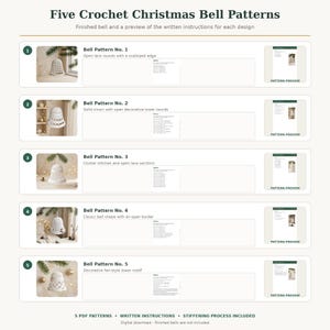 Op de afbeelding: Een digitaal document getiteld Five Crochet Christmas Bell Patterns met vijf verschillende witte gehaakte belontwerpen. Elk item bevat een foto van de afgewerkte bel, geschreven instructies en een patroonvoorbeeld.