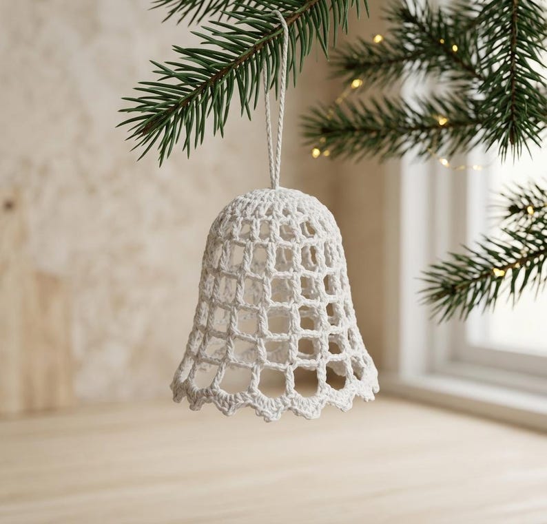 Op de afbeelding: Een wit gehaakt klokornament met een open, rasterachtig patroon en een geschulpte onderrand. De klok hangt aan een dun wit touwtje en toont gedetailleerd haakwerk met een lichtgewicht, holle structuur.