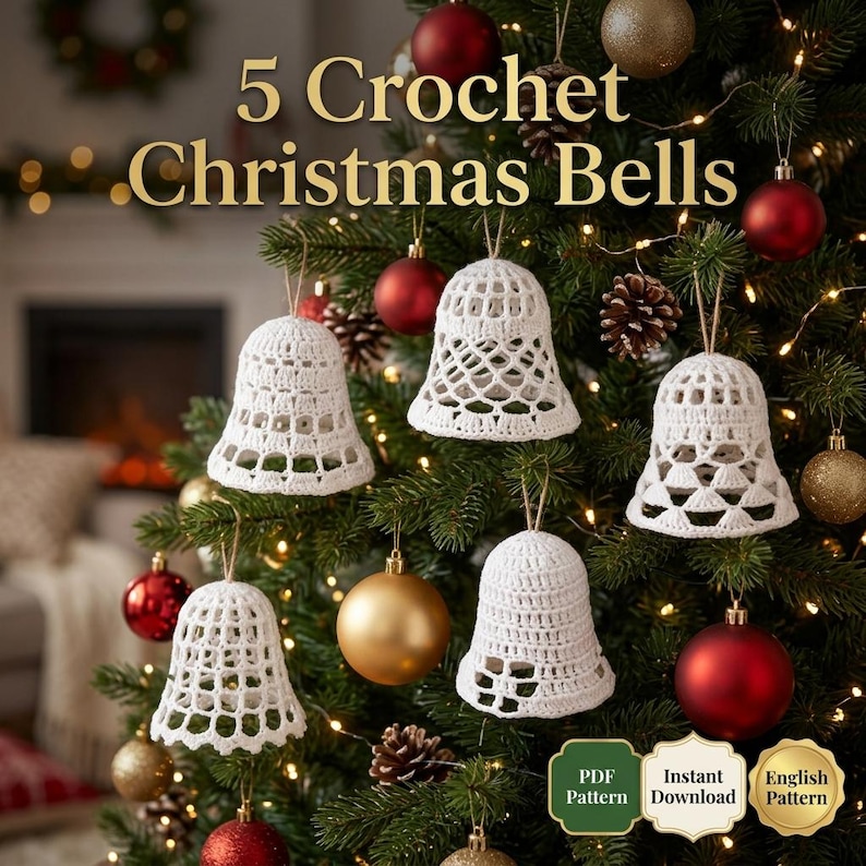 Op de afbeelding: Vijf witte gehaakte kerstklokjes hangen in een groene kerstboom met rode en gouden kerstballen. De tekst 5 Crochet Christmas Bells staat bovenaan en drie badges onderaan vermelden PDF Pattern, Instant Download, English Pattern.