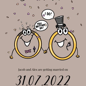 Puede incluir: Divertida invitación de boda con anillos de dibujos animados tomados de la mano. Uno lleva un sombrero de copa, el otro una pajarita. El texto dice "Save the date!" y "Jacob y Alex se casan el 31.07.2022."