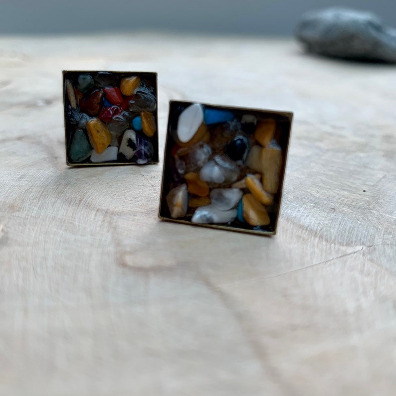 Resin set. Or Mixed gemstones Beach sand seaglass and pottery cufflinks Square Mens beach style cufflinks Seaglass cufflinks round