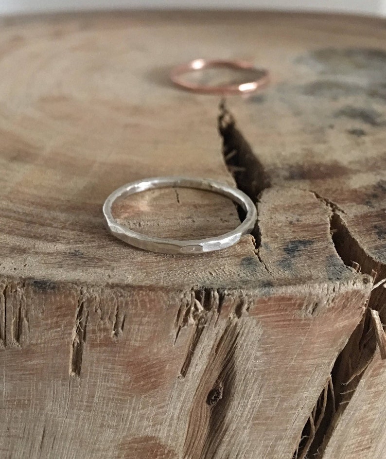 Hand dented Hammered silver ring Tiny dents hammered silver or copper ring 1.5 mm skinny band.