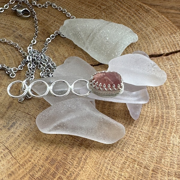 Pink seaglass pendant. Bonfire pink seaglass nugget. recycled silver. Bubble necklace.