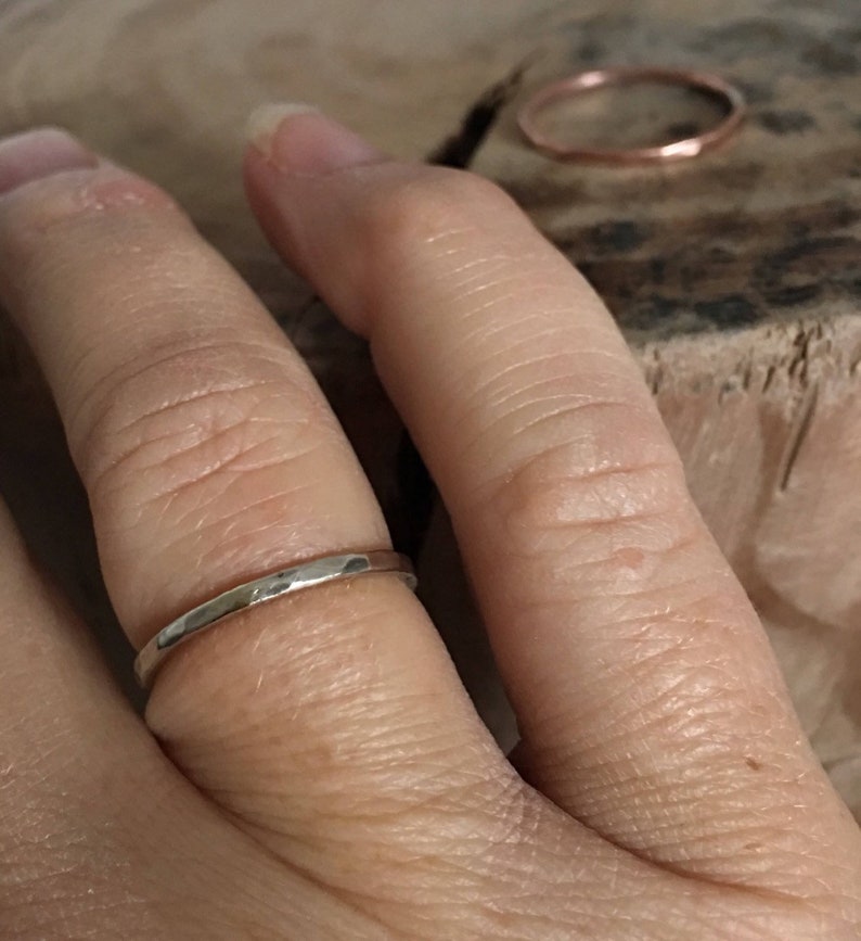 Hand dented Hammered silver ring Tiny dents hammered silver or copper ring 1.5 mm skinny band.