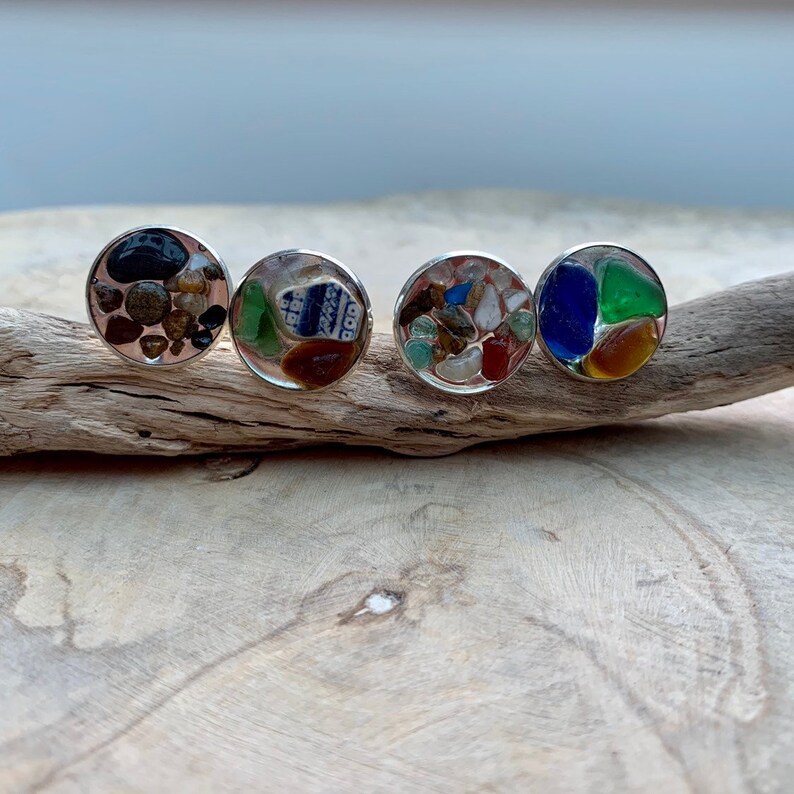 Resin set. Or Mixed gemstones Beach sand seaglass and pottery cufflinks Square Mens beach style cufflinks Seaglass cufflinks round