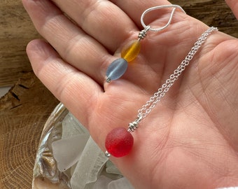 seabead silver necklace. Choose red single. yellow blue double. seaglass necklace. spinner