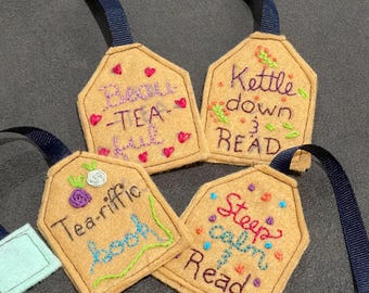 Marcapáginas de fieltro con forma de bolsita de té: juegos de palabras con la palabra "té"