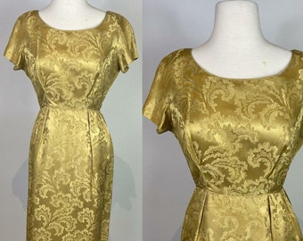 1950s - 1960s Dorothy Hobbs Gold Brocade Wiggle Dress