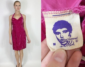 1980s Betsey Johnson Punk Label Pink Crushed Velvet Mini Dress