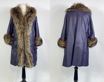 1960s - 1970s Bonnie Cashin Penny Lane Coat - Purple Leather Tanuki Raccoon Fur Trim